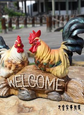 创意公鸡母鸡树脂欢迎牌客厅动物招财家居饰品摆饰电视柜桌面摆设