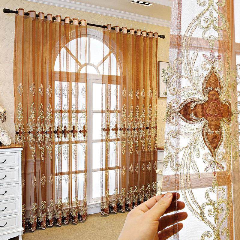 大气高档欧式客厅纱帘咖色刺绣花窗纱阳台防晒飘窗遮光落地窗成品