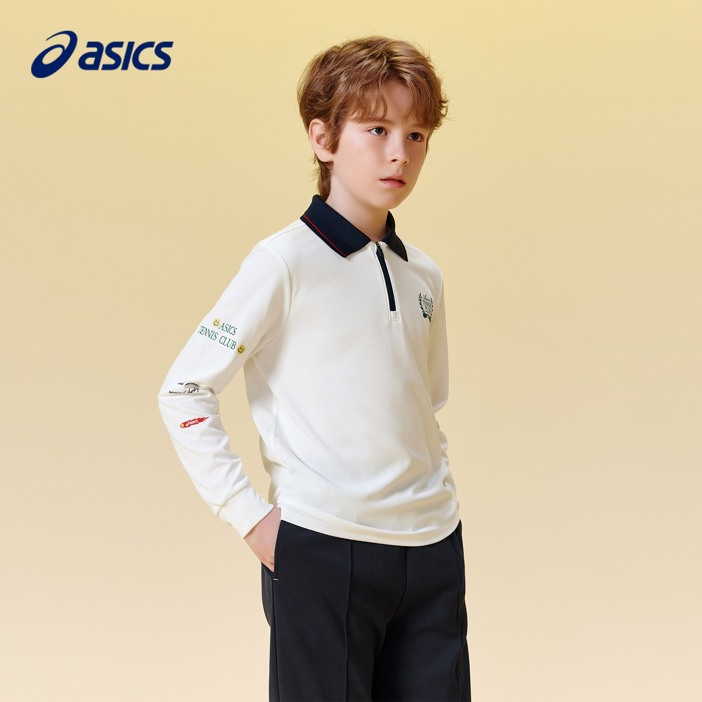 亚瑟士儿童长袖T恤春季翻领polo衫中大童学院风网球运动速干上衣
