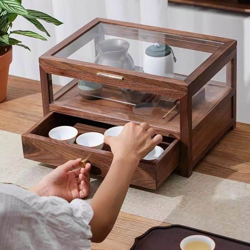 实木制茶壶具黑胡桃储物柜高档文玩展示柜手办防尘柜置物架收纳盒