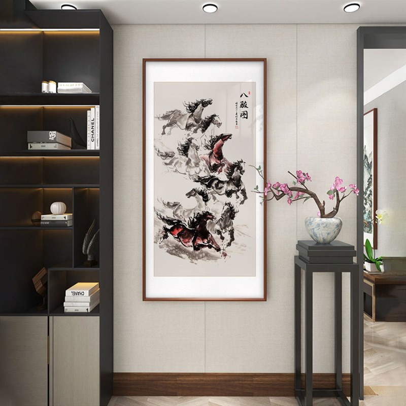 八骏图竖版马到成功国画入户玄关装饰画万马奔腾客厅壁画书房挂画