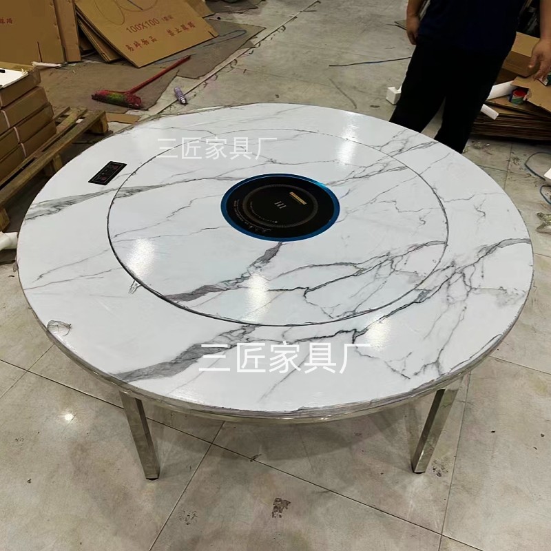 石纹木纹不锈钢餐桌转盘圆桌火锅桌家宴饭店户外折叠收纳免安装