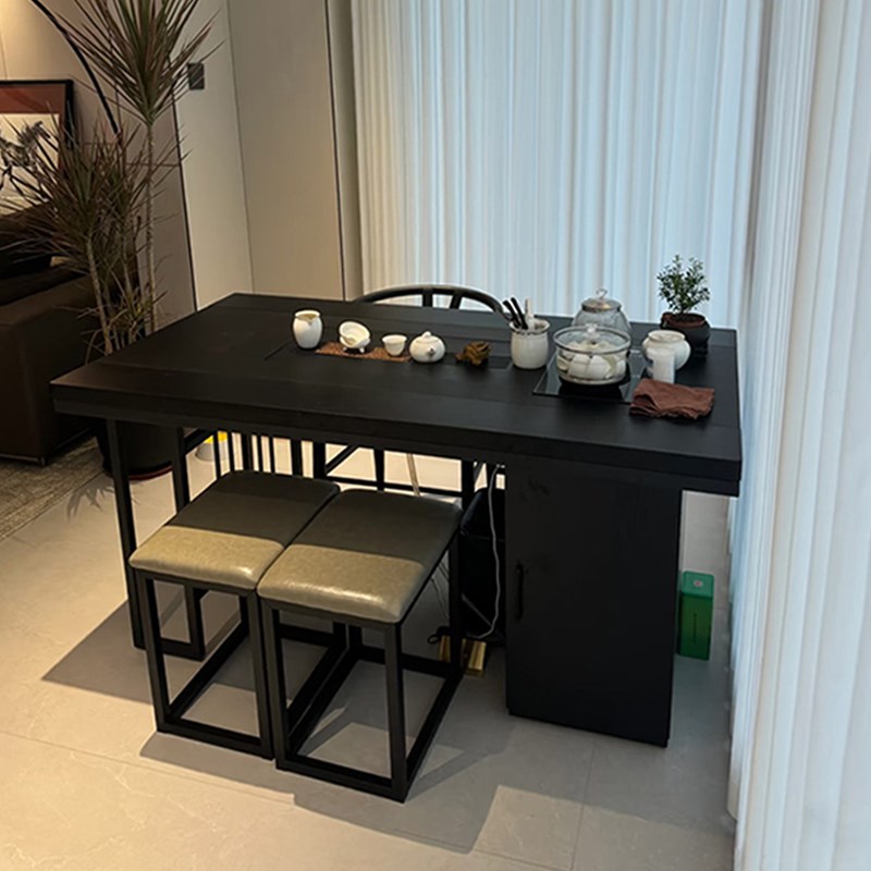 新中式纯黑茶桌椅组合现代办公室家用乌金石茶盘烧水壶一体泡茶台