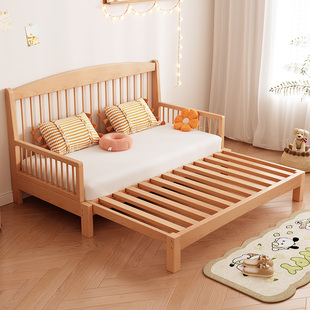 榉木沙发床折叠两用小户型多功能单双人实木抽拉床围栏可拆包安装