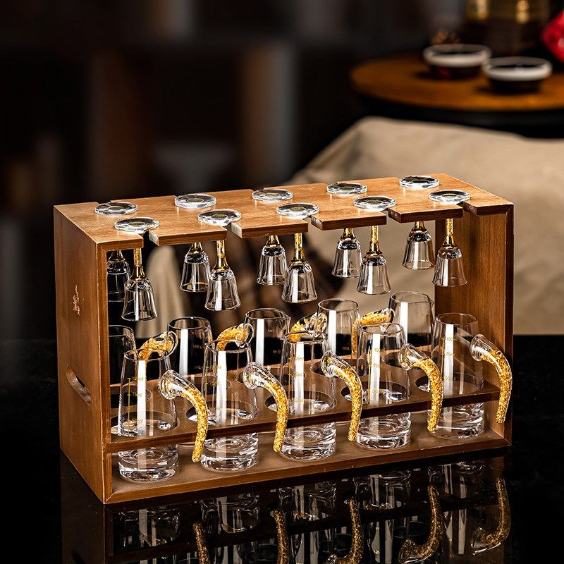 创意家用白酒杯架分酒器烈酒杯一口杯酒具竹木摆件收纳展示架