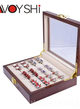 正品高档木质袖扣盒玻璃盖指耳戒环耳钉首展饰收纳木盒子男示女士