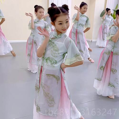 正品童古典蹈演服豆花出老师小月儿同款冠舞玉旗袍纱衣练功服中儿