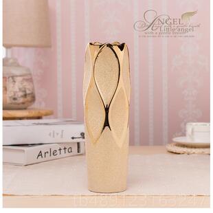 正品厅30cm陶花瓶 金色档奢华装饰 瓷客家居 可装水高桌面花瓶三