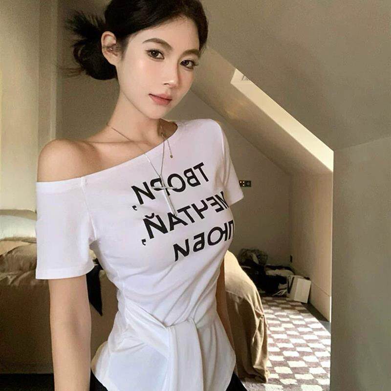 字母印花斜肩短袖T恤女2025T恤