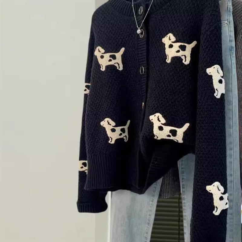黑色小狗针织毛衣外套开衫女初春秋季新款韩系小个子短款百搭上衣