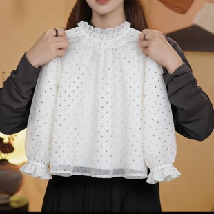2026秋季新款毛衣花边立领长袖宽松短款波点印花甜美淑女