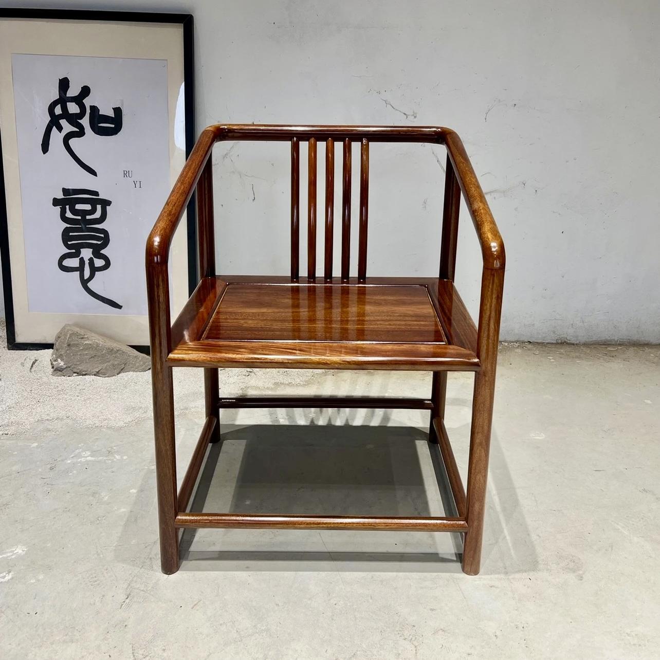 全实木奥坎圈椅官帽椅禅椅新中式茶椅休闲椅红木巴花主人椅原木椅