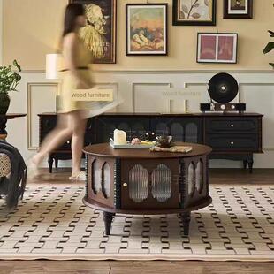 法式覆古实木达尔茶几大小户型中古客厅家用电视柜组合圆形茶桌