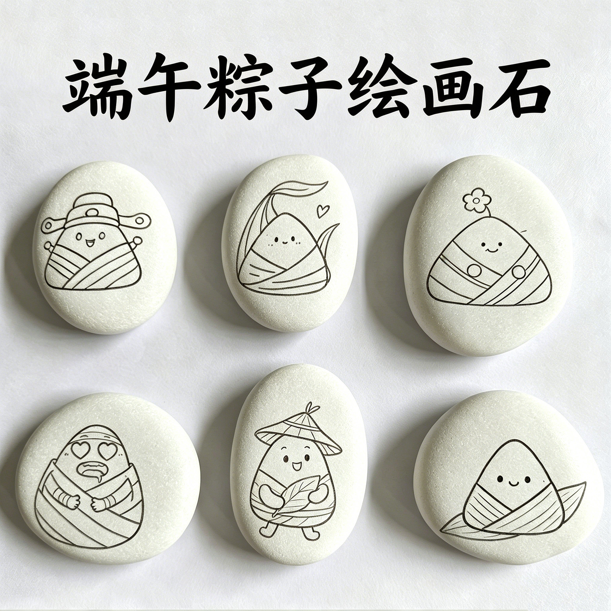 端午绘画石白底线稿石头鹅卵石