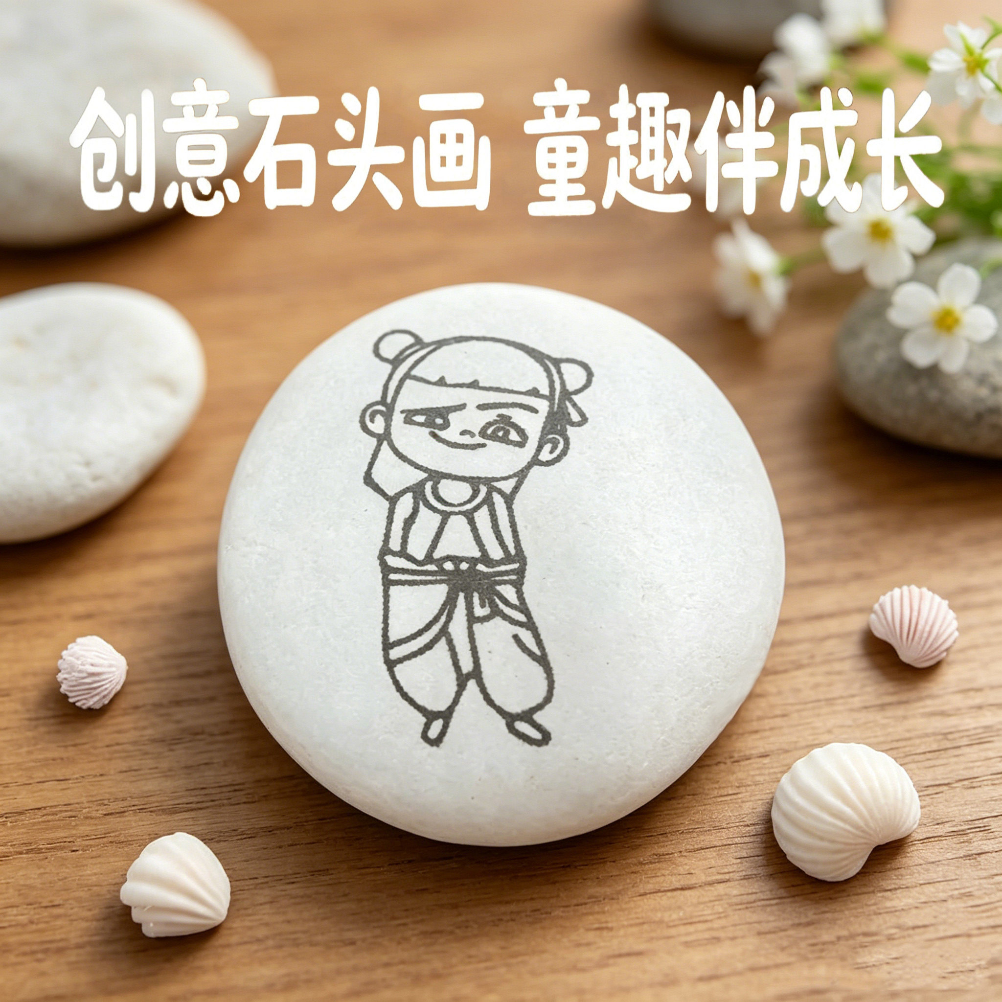 哪吒绘画石线稿石天然鹅卵石