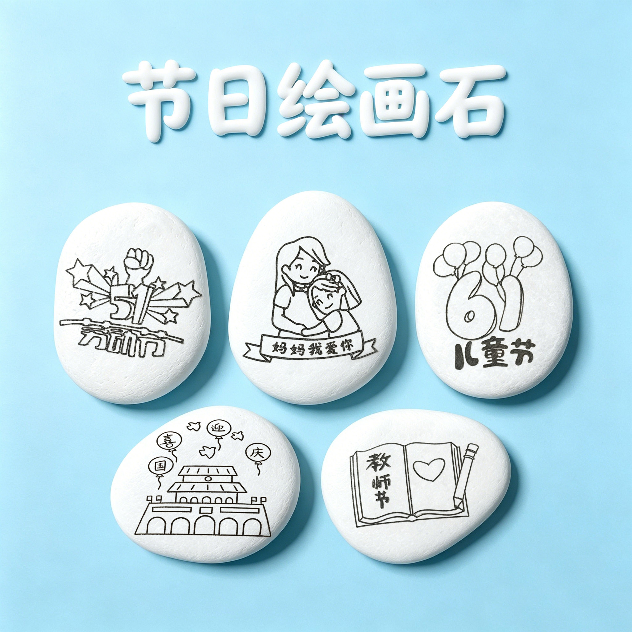 节日绘画石线稿石天然鹅卵石儿童