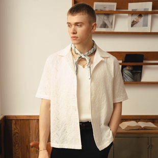 Azure Hues『腰果花刺绣』镂空提花古巴领短袖老钱南法度假风衬衫