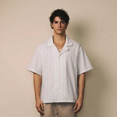 AzureHues莫兰迪蓝条纹休闲衬衫