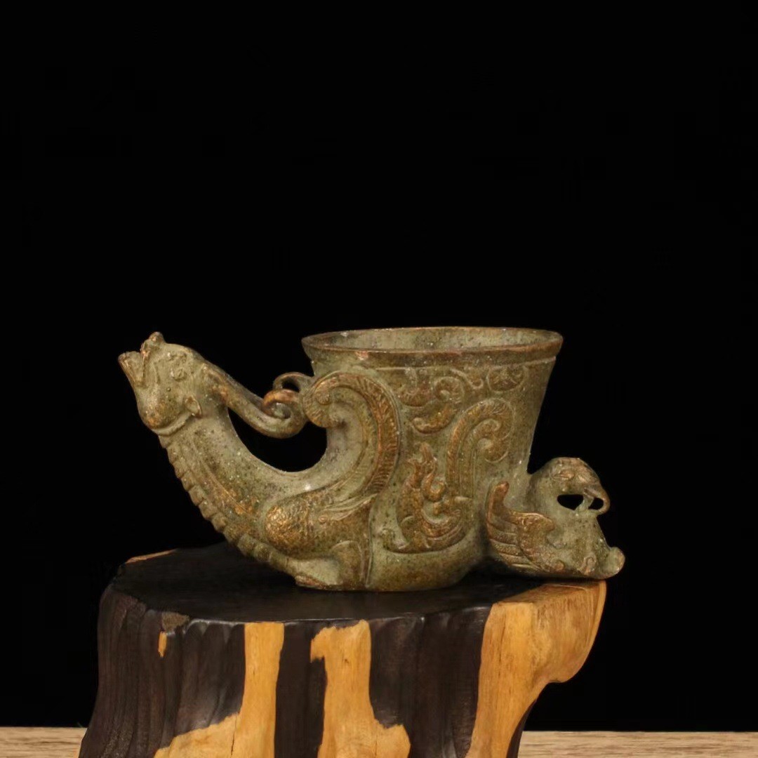 古玩杂项仿古仿铜仿古龙头酒杯摆件居家装饰小摆件乡下收老物件