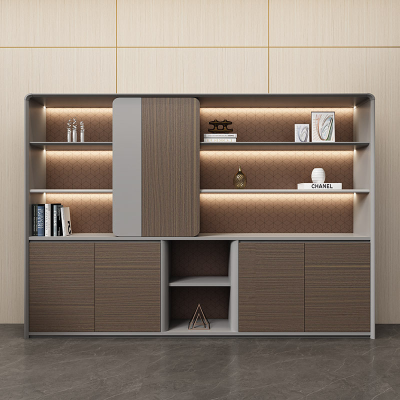 时尚背景柜 办公家具总裁办公书柜展示柜带感应灯木质资料文件柜