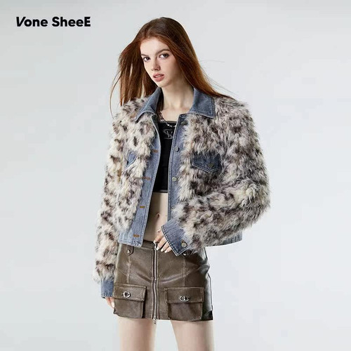 Vone SheeE 早秋美式复古扎染毛皮草拼牛仔外套修身