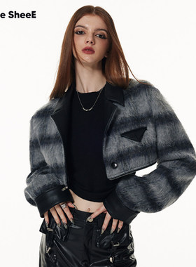 Vone SheeE两穿可拆卸复古高级感大衣灰色格子西装毛呢外套女秋冬