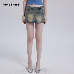 Vone SheeE复古做旧水洗铆钉牛仔半身裙辣妹显瘦包臂裙低腰短裙女