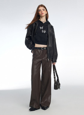 Vone SheeE辣妹复古黑色水洗擦色宽松皮衣女外套上衣2025早秋新款