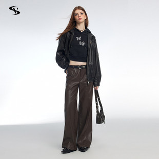 SheeE辣妹复古黑色水洗擦色宽松皮衣女外套 Vone 昕怡专享