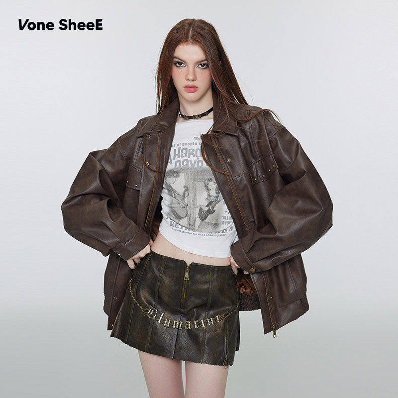 2025春秋新款女装美拉德柳钉短外套上衣美式复古皮衣工装短皮夹克,女装/女士精品,皮衣,淘宝优惠券,粉丝福利购,淘宝优惠卷