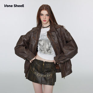 复古皮衣工装 美拉德柳钉短外套上衣美式 短皮夹克 女装 2025春秋新款