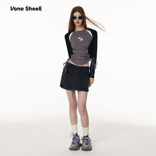短款 长袖 甜酷辣妹设计感小众上衣ins拼色修身 t恤女早 昕怡专享