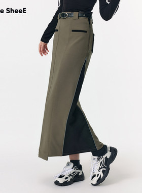 Vone SheeE设计感复古运动风拼接撞色西装长裙直筒半身裙女早秋冬