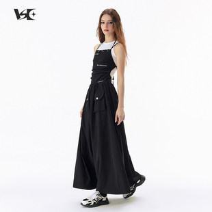 辣妹设计感小众工装裙挂脖吊带裙黑色连衣裙长裙女夏季