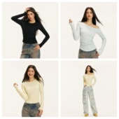 昕怡专享 美式 复古烫钻圆领T恤女内搭打底衫 辣妹早秋长袖 上衣