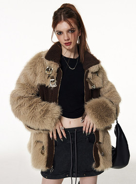 Vone SheeE美式复古辣妹设计感毛毛拼接仿貂毛皮草外套女冬