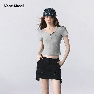 VoneSheeE美式修身气质复古短款辣妹上衣服V领绣花短