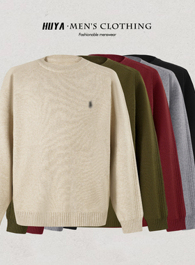 虎牙兄弟冬季毛衣时尚圆领骑马标休闲纯色宽松百搭长袖男M8120