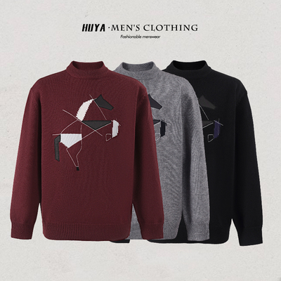 虎牙兄弟冬季男士针织衫聚热保暖拼接轻奢马高级感情侣毛衣DC1623