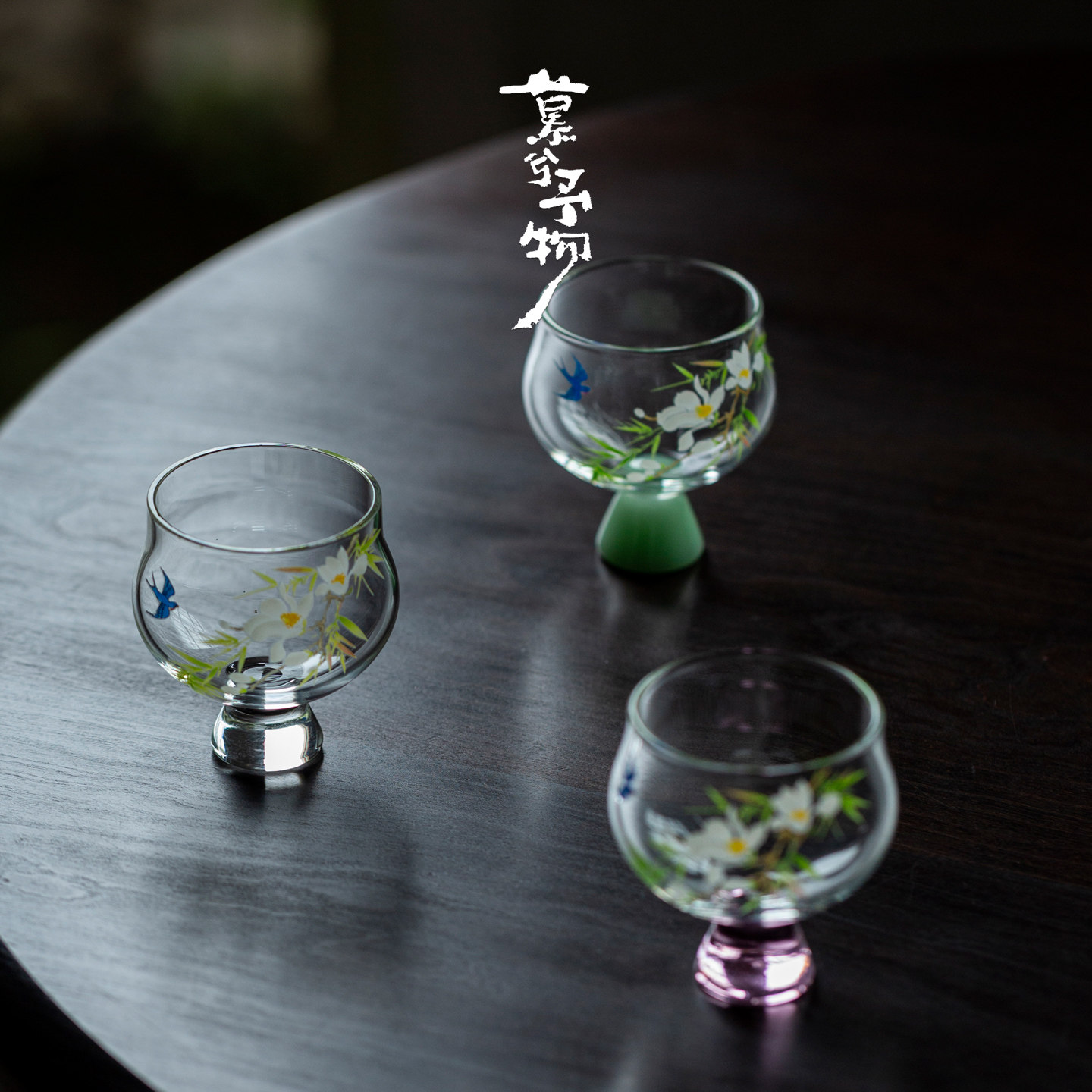 慕兮春归高透玻璃茶杯高硼硅手工贴花高足品茗杯耐热圆口主人杯单图片