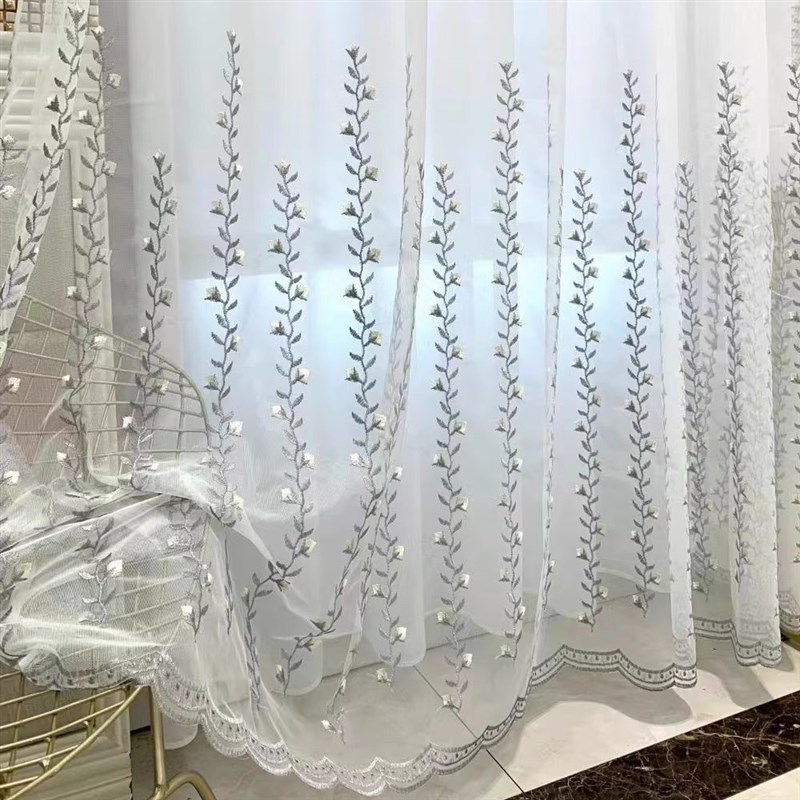 新品小清新田园风绣花绿叶窗帘客厅阳台装L饰半遮光防蚊绿藤叶纱