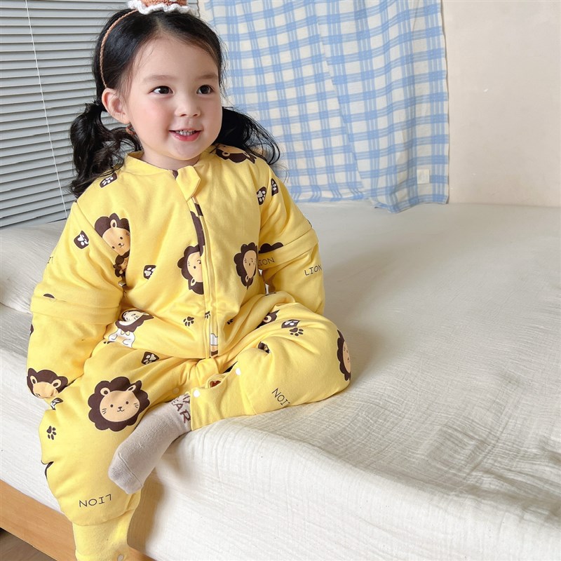 冬季儿童夹棉加厚恒温保暖可y拆袖睡袋宝宝无骨卡通分腿连体衣