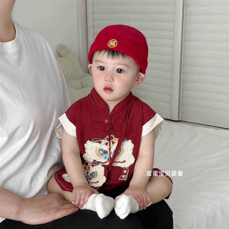 中式婴儿a衣服男宝宝夏装连体喜庆满月百天周岁宴礼服抓周夏季红