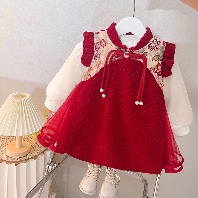 宝宝国风公主裙套装2024新款婴儿童裙H周岁生日礼服女童连衣裙秋