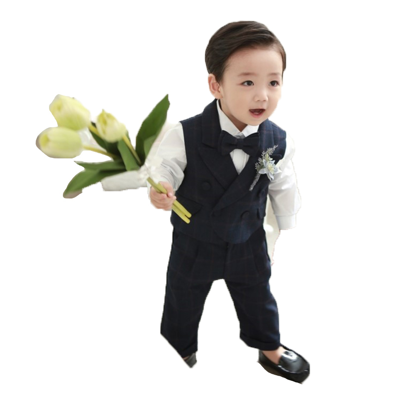 儿童西装男童帅气英伦燕尾马甲套装三件套花N童男宝宝周岁生日礼