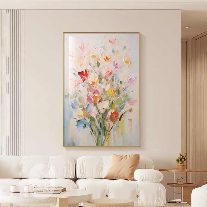 奶油风客厅装饰画大芬村油画彩绘A花卉肌理感挂画沙发背景墙落地图片