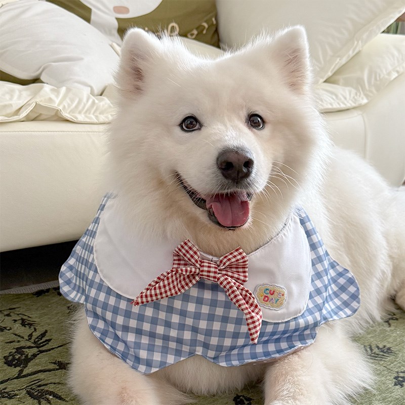 2025年新款狗狗可爱口水围脖蓝色大格子花瓣围兜中大型Z犬金毛边