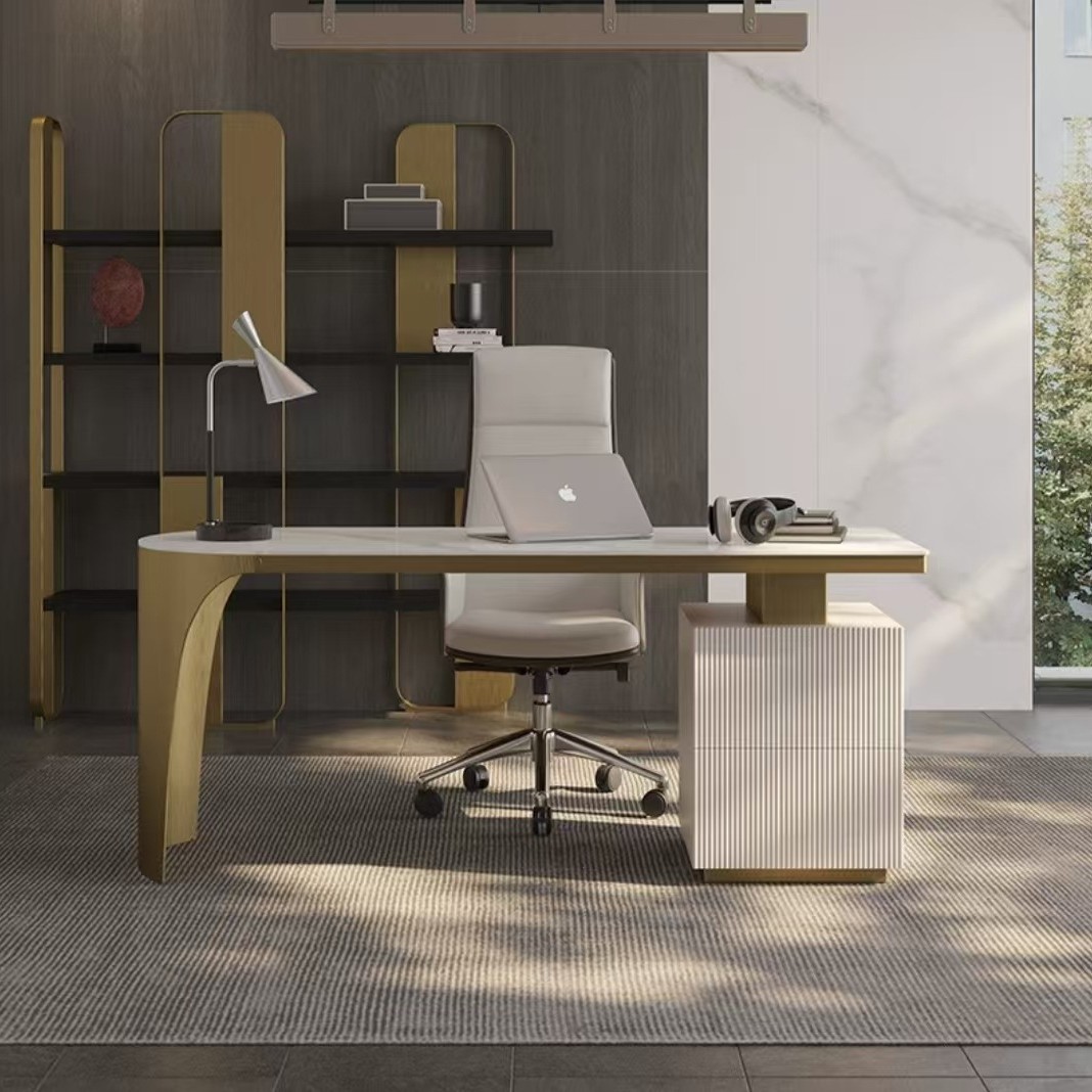 意式极简岩板轻奢书房书桌现代简约办公室电脑写字桌书柜一体家用