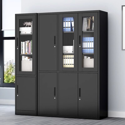 黑色钢制办公室文件柜铁皮柜矮柜财务资料档案柜带锁玻璃储物柜子