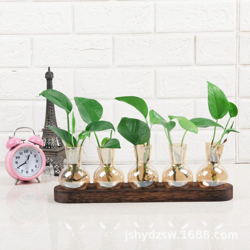 简约北欧试管玻璃花瓶摆件 创意木架水培植物容器家居桌面装饰品